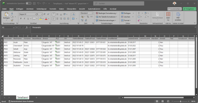 Excel Export der Steuerklasse aus dem Mitarbeiterdaten Modul