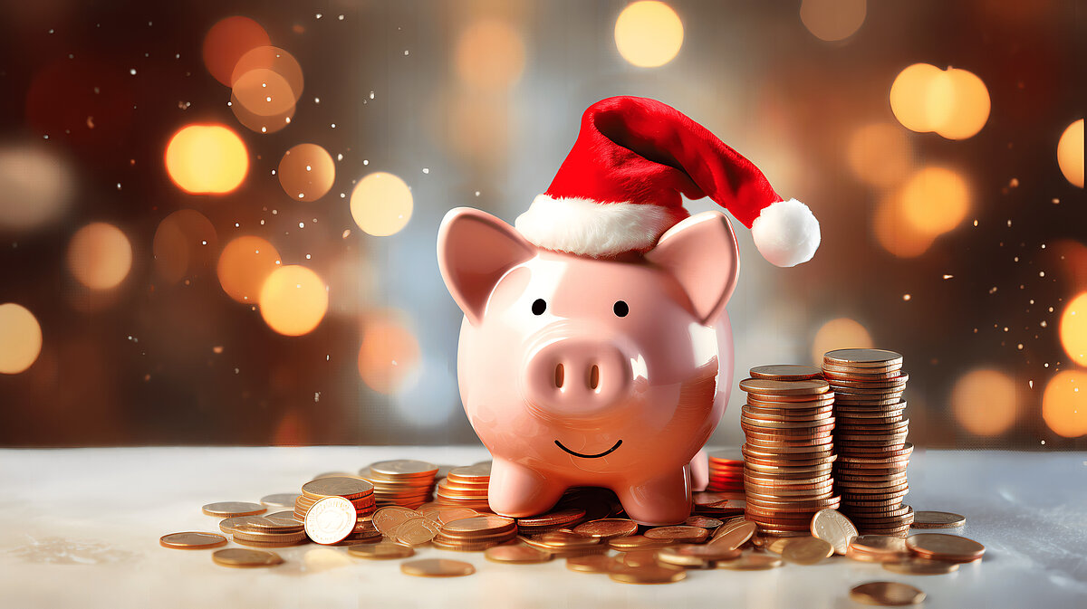 Sparschwein mit einer Weihnachtsmannmütze umgeben von Münzen
