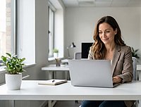 Frau arbeitet lächelnd am Laptop