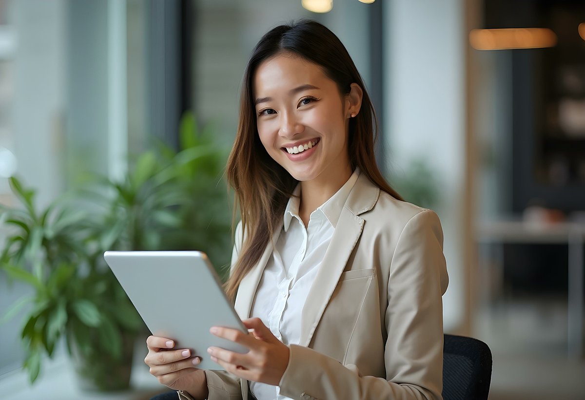 Frau lächelt mit Ipad in der Hand