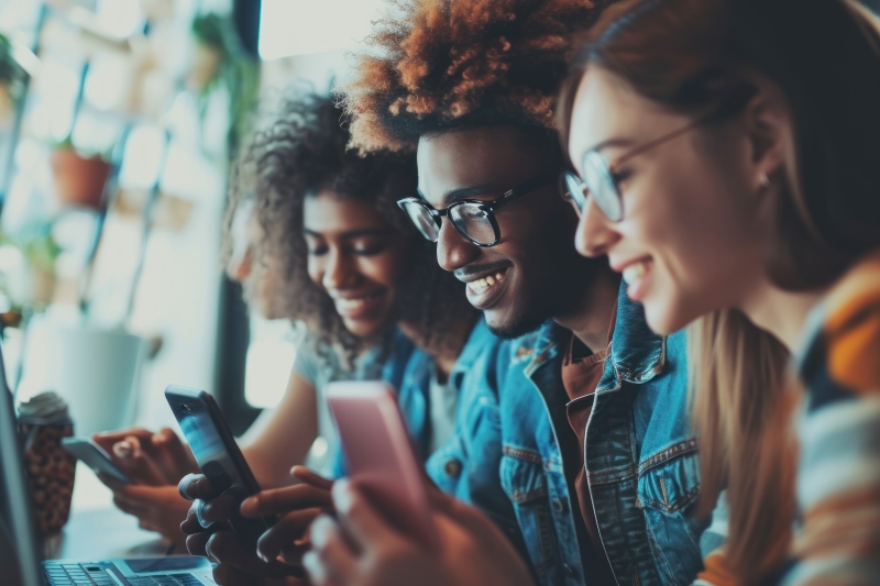 Drei Personen schauen auf ihr Handy und lächeln